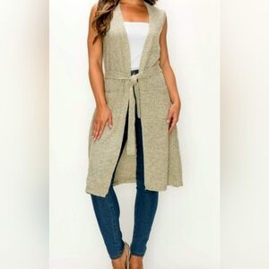 Women Knee-length Knit Vest Cardigan with Belt